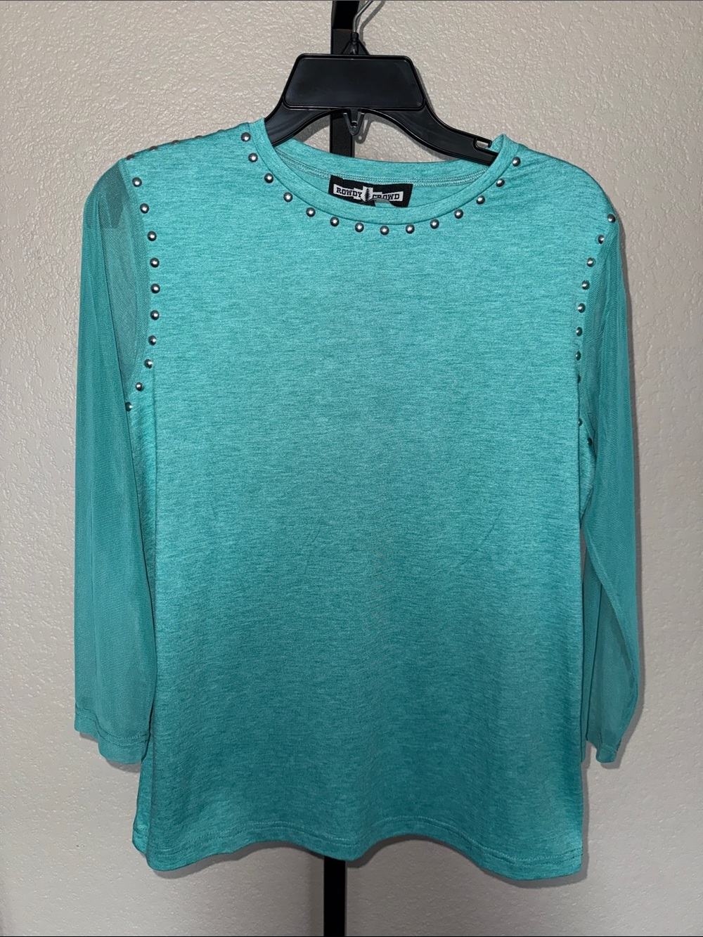 Rowdy Crowd Teal Stud-Trim Top Long Sleeve Sheer Medium